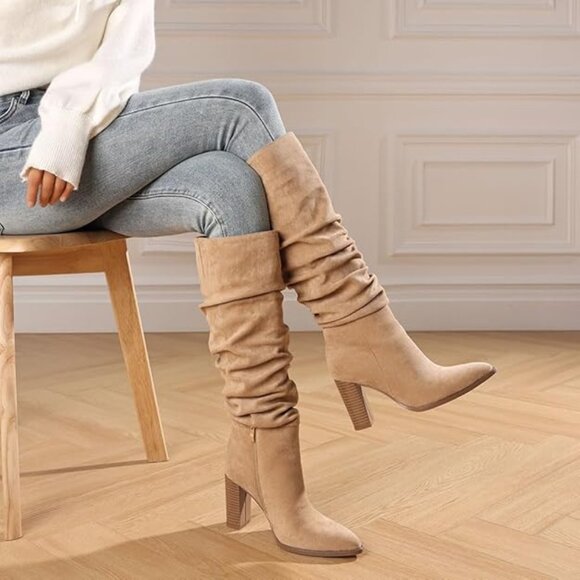 NEW!  High Heel Slouch Fashion Boot Pointed Toe Side Zipper Tall Long-Apricot - Picture 1 of 5